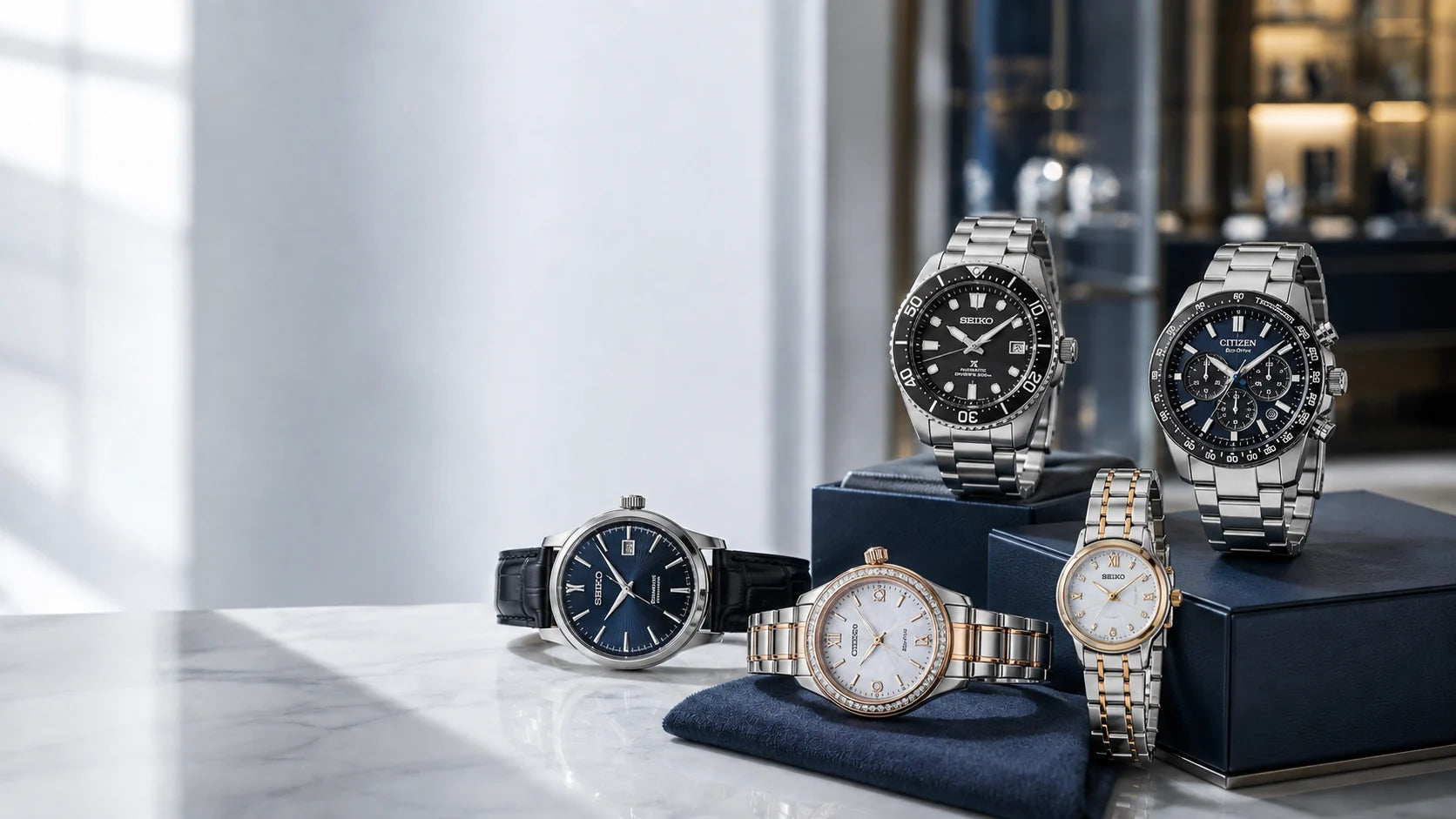 Seiko and Citizen men's and women's watches displayed at Watch Technicians